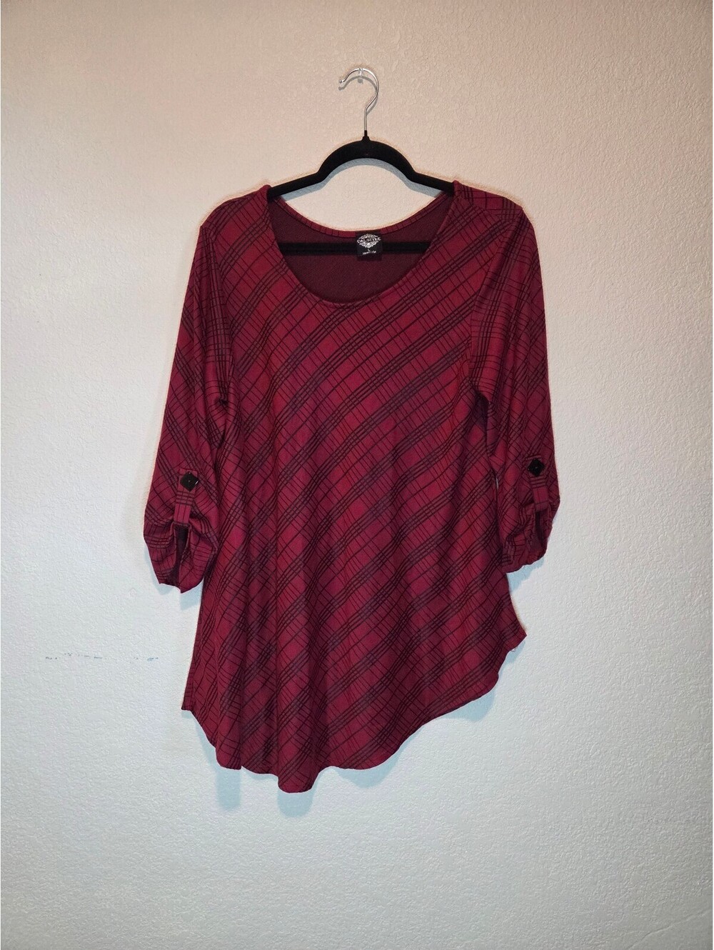 Cal Style Women's Burgundy Plaid 3/4 Sleeve Tunic Top Size L